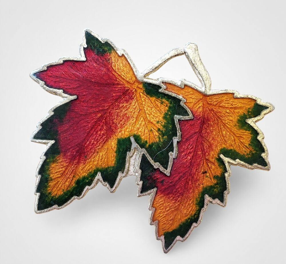 Large Enamel Double Leaf Vintage Pin Brooch 1.5" Orange Green Red fb1-21